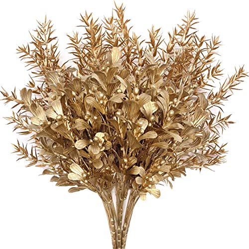 Gold Decorations Artificial Plants, CATTREE Golden Berry Leaves Fake Simulation Spiky Leaf Grass Plastic Faux Shrubs Bushes Ornaments Home Indoor Outdoor Wedding Decor Hall Table Planter Filler 4 Pack