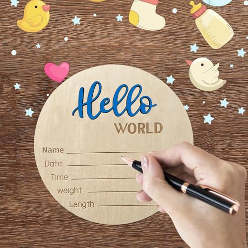 Image of Baby Announcement Sign, ​5.9 Inch Wooden Hello World Newborn Signs, Birth Announcement Sign, Baby Shower Hospital Nursery for Newborn Boys and Girls (Blue)