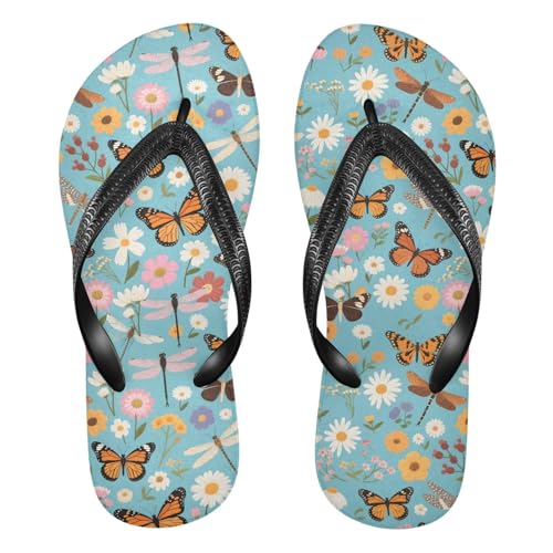 ALAZA Dragonfly Butterfly Daisy Flip Flops for Women Fashion Beach Slippers Comfort Mens Flip Flops Non-Slip Rubber Shower Slippers Sandal for Hotel Travel Sport,XS