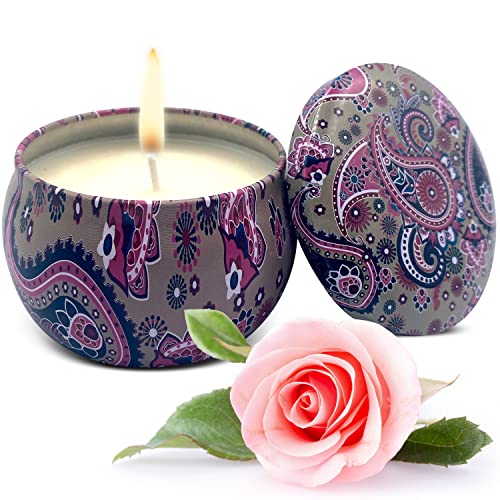 Opiniones y reviews de Velas de soja ecologicas para comprar online. 34 Vela perfumada de soja con aroma de rosa fresca en lata de metal decorativa para regalo, 6 onzas, cera de soja orgánica pura y aceite esencial de rosa, quema limpia hasta 25...
