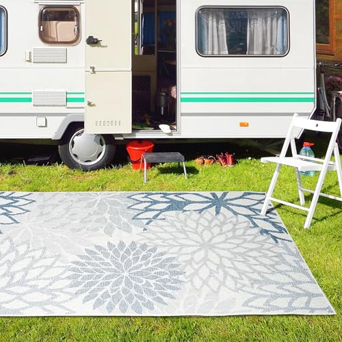 homeart Outdoor Rug - Easy-Clean, Durable, Stain-Resistant, Weather & UV Resistant Indoor & Outdoor Rugs for Porch, Deck, Balcony, Garden, Picnic and Patio | Bellis Blue, Grey - 180x270cm
