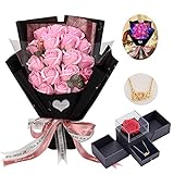 EIGHTOWN Roses Bouquet Artificial Flower - Preserved Pink Rose Flowers with Love Necklace for Her - Unique Gifts Valentine's Day, Mother's Day, Thanksgiving, Birthday, Anniversary