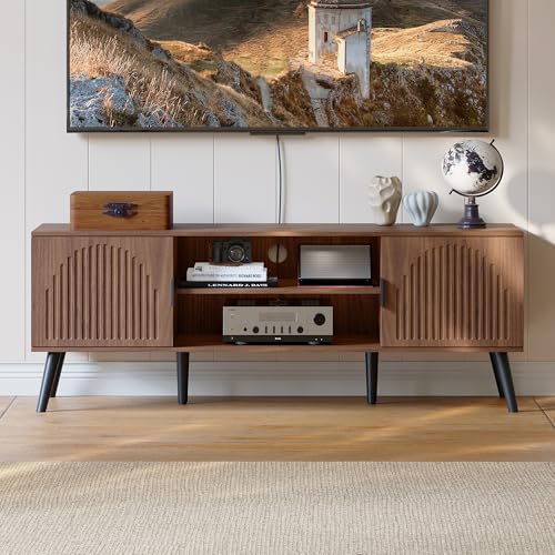 ChooChoo TV Stand for 55/60 Inch TV, Mid Century Modern TV Stand, Entertainment Center with Storage Cabinet and Open Shelves, TV Console Table Media Cabinet for Living Room, and Bedroom, Walnut - Image 5