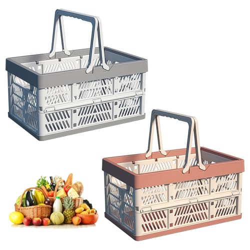 SPORWAY 2 Stück Einkaufskorb: Klappbox Plastik mit Henkel, Klappboxen Faltbar Stabil, Faltbarer Klappkorb, Tragbar Tragekorb mit Henkel für Supermärkte Regal Picknicks Küche Bad(30,5 * 20,5 * 16,5cm)