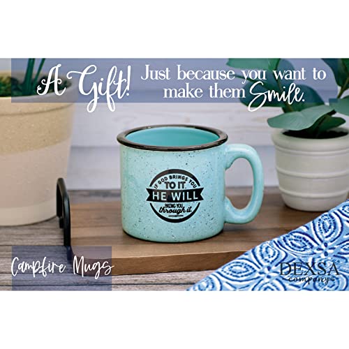 Dexsa Campfire Ceramic Coffee Mug With Inspiring Quote - Acqua Speckled Classic Coffee Cup | Holds 15 Ounces | If God Brings You To It, He Will Bring You Through It. #TOP2