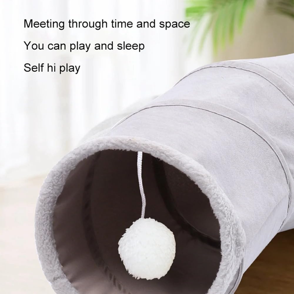Tunnel pour Chat D'intérieur Jouets Pliables pour Chat Tube De Jeu en Forme De S Tunnel Froissé en Daim Gris pour Animaux De Compagnie avec Balle