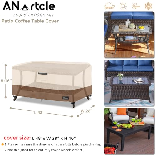 Image of ANartcle Patio Coffee Table Cover, 600D Waterproof Heavy Duty Rectangular Outdoor Table Cover,Patio Furniture Covers,48 x 28 x 16 inch,Beige&brown.