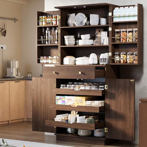 IRONCK 72”Tall Kitchen Pantry Cabinet, Farmhouse Pantry with 2 Pull Doors and Drawer Organizing Board Storage for Home Kitchen Dining Room, Walnut Brown