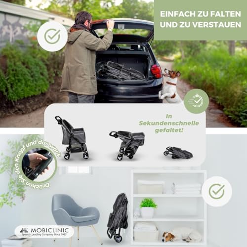 Mobiclinic® pets, Faltbarer hundewagen, Bis zu 15 kg, Ideal für kleine hunde, Zuma, Räder mit 360°-bremsen, Xxl-korb, 3 fenster reißverschluss und moskitonetz, Becherhalter, Grau