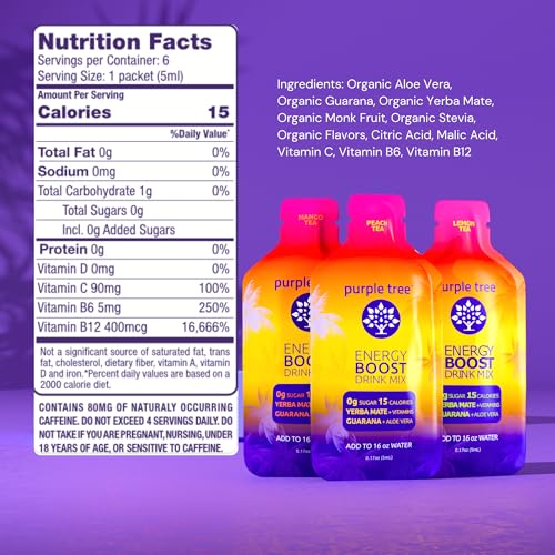 Image of purple tree Organic Energy Stick Packets - Zero Sugar, 80mg Natural Caffeine from Yerba Mate & Guarana, with B12 Vitamins for Smooth, Crash-Free Energy - Lemon Iced Tea Flavor, 6 to-Go Packs