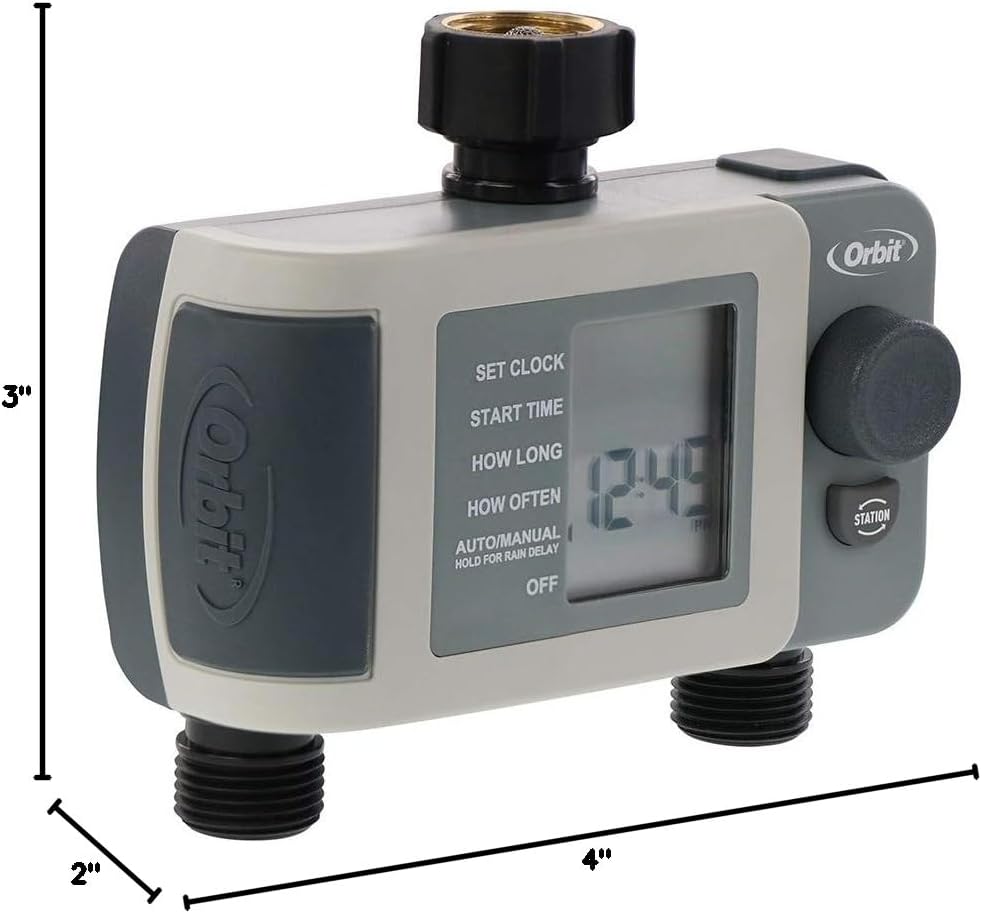 Dimensions of the Orbit 2-Outlet Programmable Hose Faucet Timer