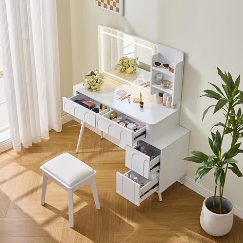Image of JIVOIT Modern Makeup Vanity Desk with Mirror, Dressing Table Set with Stool, Unique Fluted Waveform Panels, Space-Saving Vanity Set with 4 Drawer, Strong Metal Legs, Easy Assembly (White / /3)