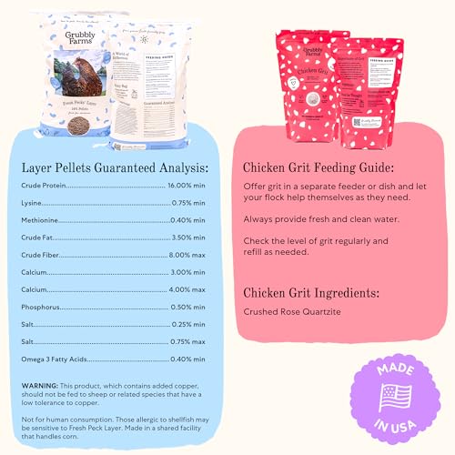 Image of Grubbly Farms Adult Chicken Bundle - Chicken Grit, Fresh Pecks Layer Feed Pellets, Omega Mix & Grubblies - Complete Nutrition, Proper Digestion, Strong Eggshells & Natural Protein Treats