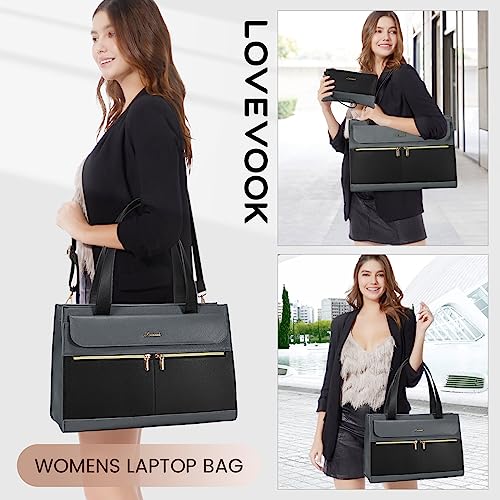 Image of LOVEVOOK Laptop Tote for Women - 15.6 Inch Professional Leather Computer Briefcase - Waterproof Shoulder Bag - Large Capacity Business Teacher Office Bag - Crossbody Purse