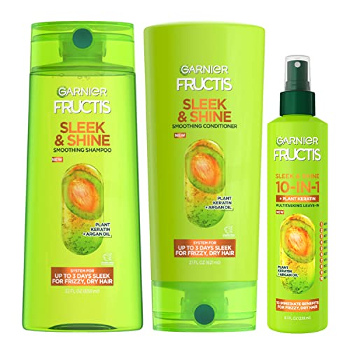 Garnier Fructis Sleek & Shine Shampoo (22 Fl Oz), Conditioner (21 Fl Oz) + 10-in-1 (8.1 Fl Oz) Set for Frizzy, Dry Hair, Plant Keratin(3 Items), 1 Kit (Packaging May Vary)