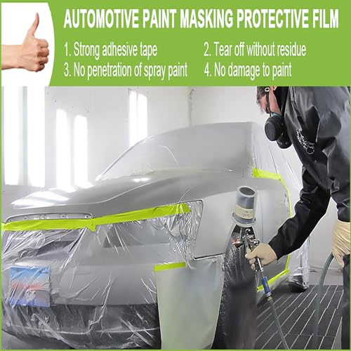 Image of Pre-Taped Masking Film-55inx65ft Tape and Drape Painters Paper Rolls, Plastic Painting Film for Automotive Painting Covering （Masking Film:2rolls,Tape:1roll）
