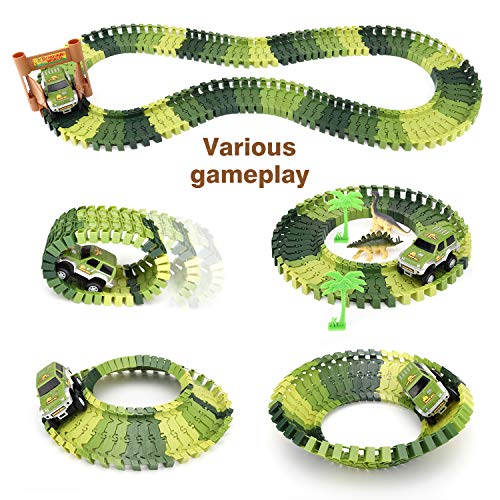 Zooawa Dinosaur Track Toy 142PCS Car Race Tracks Train Set Railway Playset with Flexible Speedway Railroad, Car Racing Toys, Bridge and Dinosaur Figures for Kids and Toddlers, Colorful