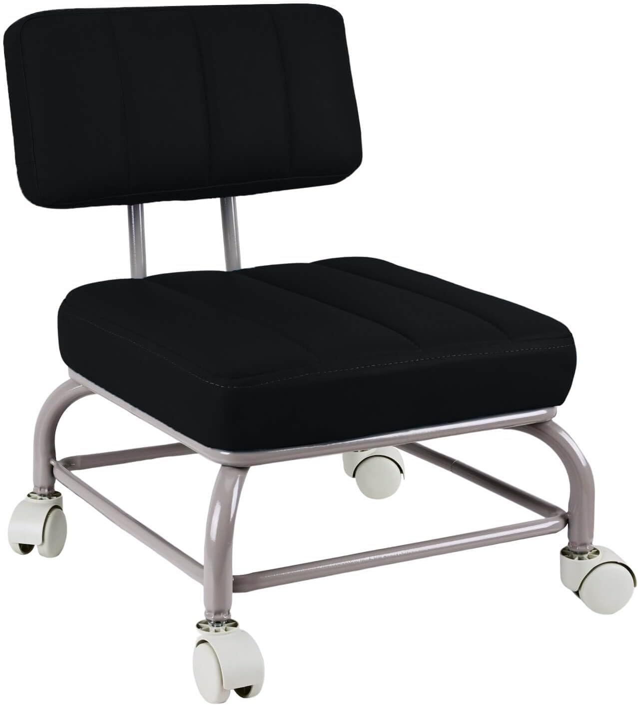 Low Rolling Stool Roller Seat with Universal Swivel Caster Wheels for Home Office Stool Garage Shop Stools PU Leather High Density Cushion and Steel Black Black Middle