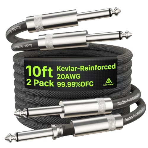 Guitar Cable 10 ft/3M 2 Pack, Kevlar-Reinforced 20AWG 99.99% OFC, 10X Heavy-Duty Nylon Braided,...