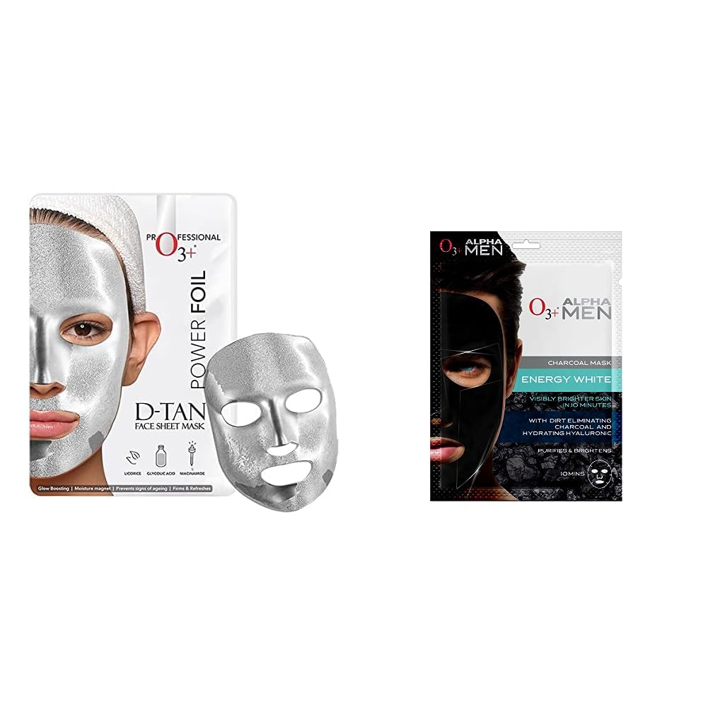 O3+ Power Foil D-Tan Face sheet mask for Skin Brightening Face Mask 20 ml & O3+ ALPHA MEN Energy White Charcoal Face Sheet Mask 30g with Charcoal & Hydrating Hyaluronic to Purify & Brighten Skin Combo-image-30