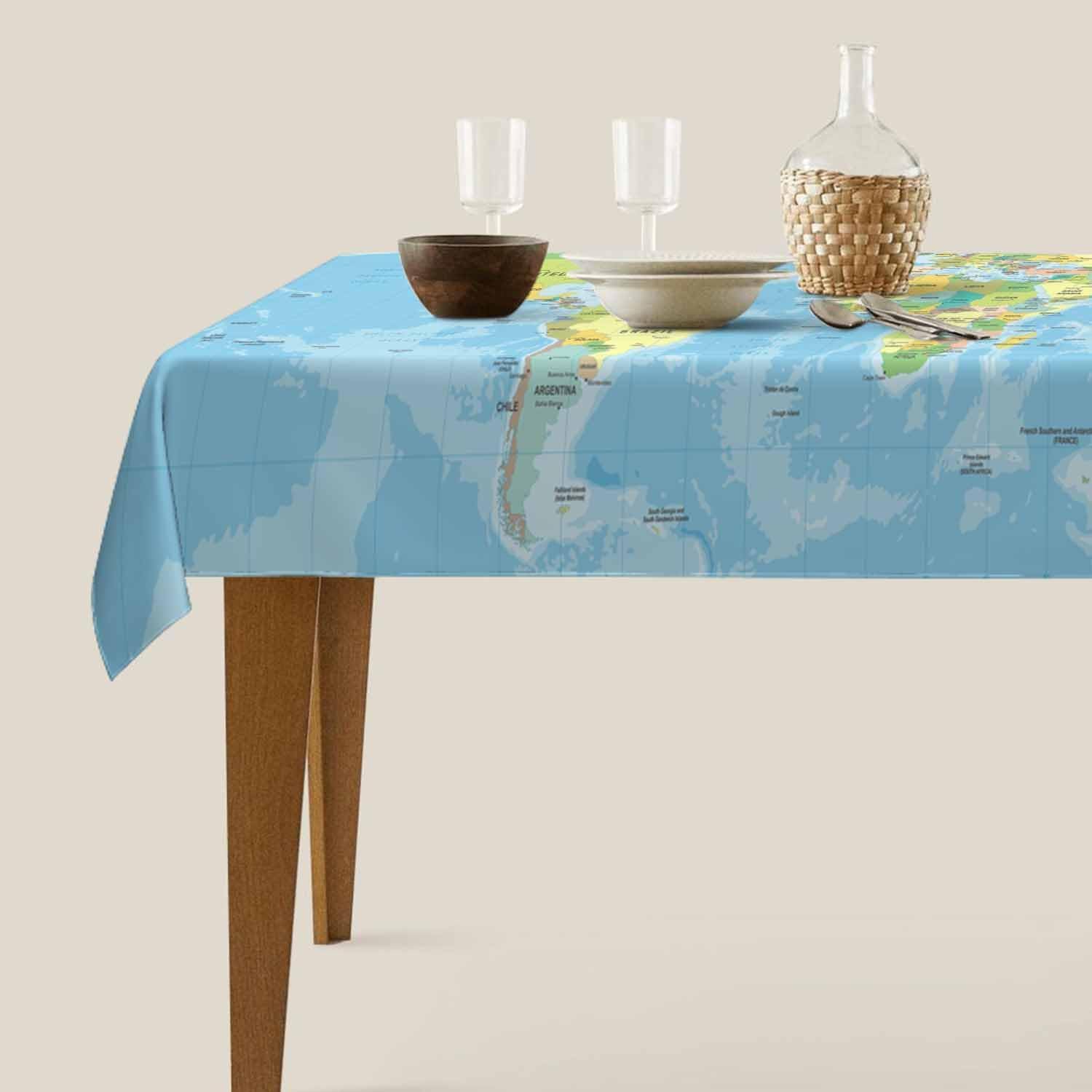 Tovaglia Antimacchia 300x140 cm Rettangolare Mappa Del Mondo Tovaglie Impermeabile 3 Metri Copritavolo Poliestere Protezione Tavolo Oceano Blu, per Feste (12-14 Posti) a-4258