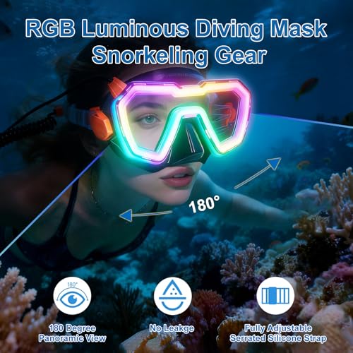 Máscara de buceo panorámica con vista amplia, anti-vaho, con LED recargable para esnórquel y buceo miniatura 3