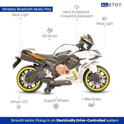Image of Alstoy RR Kids Electric Ride-On Toy Bike | 12V Rechargeable Battery Operated for Kids | Bluetooth Music | 70kg Capacity | BIS /ISI Approved | Ages 5to12 Years | 6-Month Warranty | Large | Orange+White