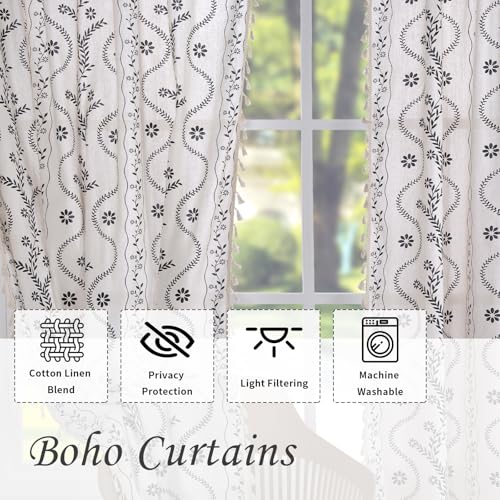 Image of Schweek Boho Tassels Curtains for Living Room 84 Inches Long 2 Panels Ivory | Linen Semi Sheer, Vintage Floral Printed Patterned, Rustic Farmhouse Curtain Drapes for Bedroom, Dining Room, Office 52 inchx 84 inch