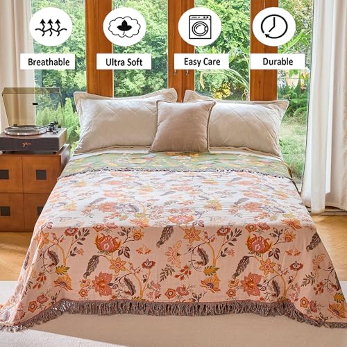 Image of VANJOROY Boho Throw Blanket, 100% Organic Cotton Breathable Ultra Soft 91 inch x 108 inch King Bed Quilt Throw - All Season Floral Rustic Farmhouse Decor Luxury Blanket for Sofa Couch Chair and Gift
