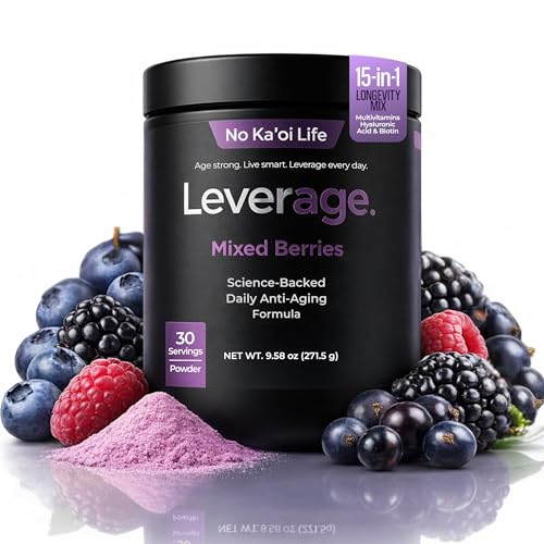Leverage Mixed Berries AntiAging Supplement & Longevity Mix - Daily Wellness Multivitamin Powder with Hyaluronic Acid L-Glycine & Magnesium for Skin Energy Cognitive Function & Joint30 Servings