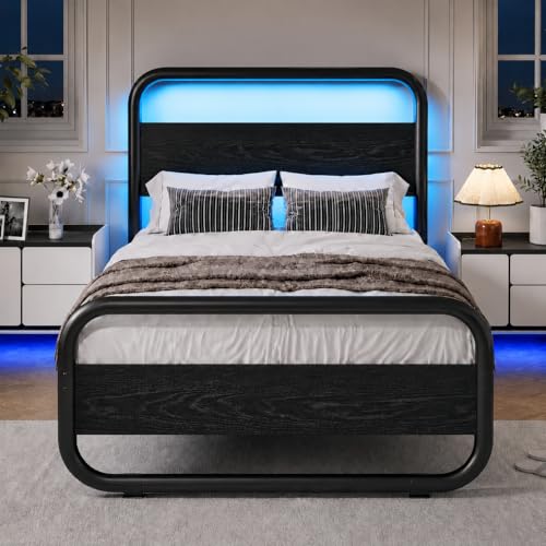 Image of Twin Bed Frames, Metal Platform Twin Bed Frame with Wood Headboard, Black