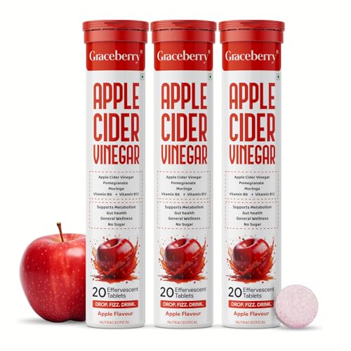 Image of Graceberry Apple Cider Vinegar Effervescent Tablet with Mother- 60 Tablets | 500mg ACV For Metabolism, Weight Management | Pomegranate & Moringa, Vit B6 & B12 | No Added Sugar | Pack of 3