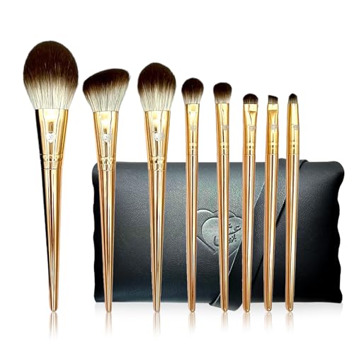 Delbar Gold Makeup Brushes by Lady of Eshgh | 8pc Full Face Makeup Brush Set with Travel Bag | Professional Make Up Brushes | Cruelty Free, Natural Hair-Like Bristles