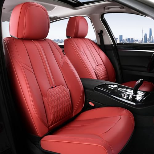 Image of Coverado Car Seat Covers, Front Seat Covers for Cars, 2 Pack Waterproof Seat Cover with Lumbar Support, Leather Car Seat Protector, Breathable Seat Covers Car Seat Cushions Fit for Most Cars (Red)