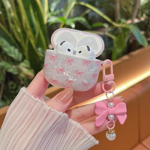 Image of MINSCOSE for Cute Glitter AirPods 4 Case,Shell Pattern Bow Ribbon Trendy Design with Bowknot Pearl Keychain,Protective Shockproof Cover for Apple Airpods iPod 4th Generation for Women Girl-Pink