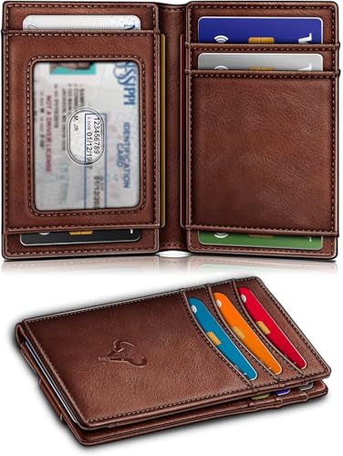 Image of Contacts RFID Blocking Magnetic Closure Slim Genuine Leather Front Pocket Wallet for Men Holds up to 12 Cards Including 1 ID Window Along with Money Clip (Brown)