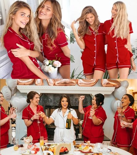 Image of SWOMOG Womens 3pcs Button Down Pajamas Set Short Sleeve Sleepwear Bride Pj Lounge Set with Long Pants