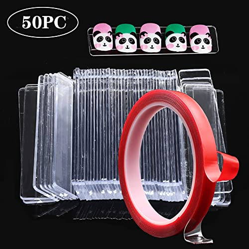 Kalolary 50PCS Transparent Nail Art Display Stand Holder with 10M Double Sided Tape, Transparent Acrylic Fake Nails Display Stand, Removable Double Sided Mounting Tape for Home,Wall,Office Decor