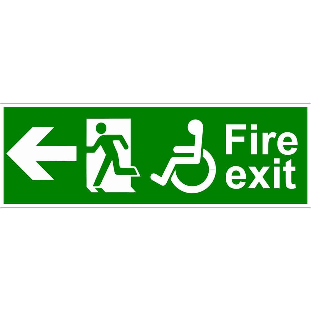 Disabled Fire Exit Arrow Left Safety Sign, Self-Adhesive Semi-Rigid PVC, W450mm x H150mm