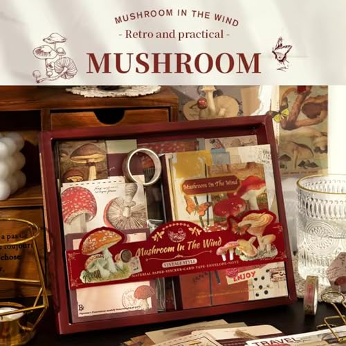Image of The AutoStory Cottagecore Scrapbook Kit A6 Junk Journal Notebook Stickers Rustic Collage Paper Washi Tape DIY Craft Art Diary Planner Decor Gift for Teens Girls (Mushroom in the Wind, Brown)