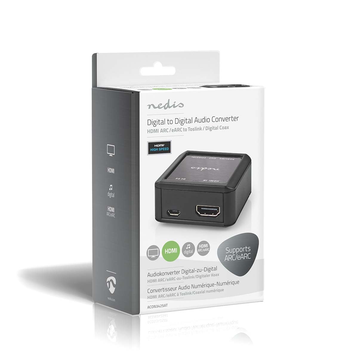 Nedis | Convertisseur audio numérique | 1 voie | Entrée de connexion : DC Power/HDMI™ | Sortie de connexion : 1 x audio coaxial / 1 x TosLink femelle | eARC | Automatique | Anthracite