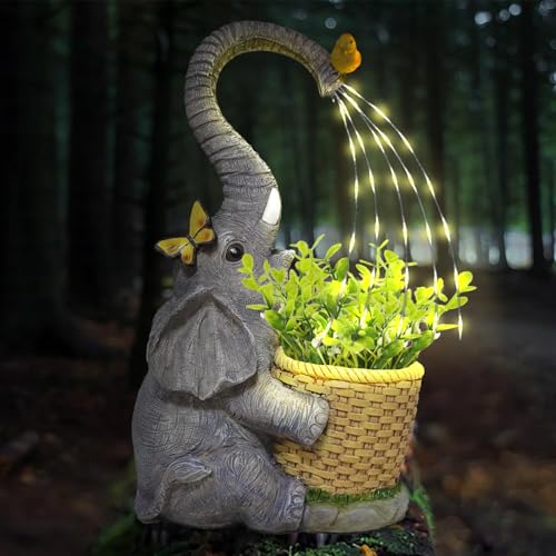Waterproof Resin Solar Elephant Statue 25.5cm with Light Garden Ornaments