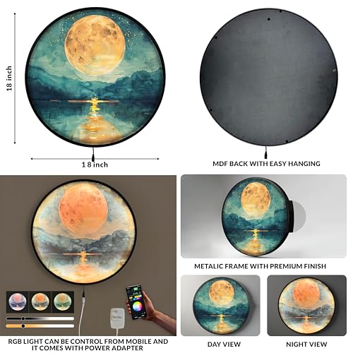 Image of PAINTINGMANTRA Shree Ganesh Ji Night Wall Lamp Painting with mobile Controllable Smart LED Light, Religious Round Wall Art Painting with RGB Night Lamp for Home & Office Wall Decor (18x18 Inches)