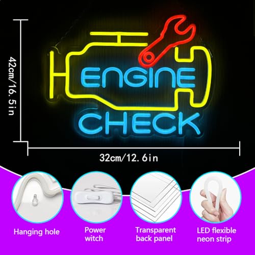 Image of Check Engine Neon Sign for Wall Decor, LED Garage Neon Signs Car Neon Sign USB Powered Neon Wall Signs for Man Cave Auto Repair Shop Workshop Party Birthday Gift