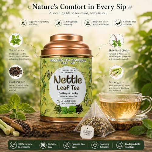 Image of Sancha Tea Boutique, Nettle Leaf Tea, 25 Pyramid Bags, Caffeine Free Herbal Tisane, Harvested in the Himalayas, Inflammation & UTI support