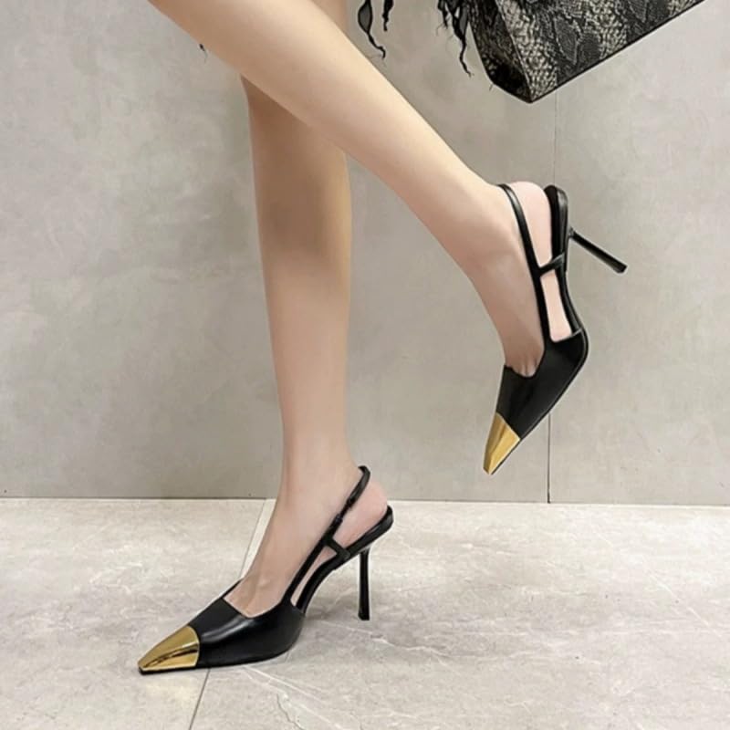Womens Slingback High Heels Sexy, Metal Pointed Toe Pumps Stiletto Heels, Slip-on Elastic Strap Dress Shoes with Steal Cap Toe4