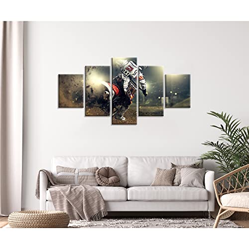 Wall Art Motocross Racing Dirt Bike Wall Decor Picture Canvas Print Extreme Sport Poster Painting Framed Home Living Room Boys Room Decoration 5 Panel Ready To Hang(60''Wx32''H) #TOP3