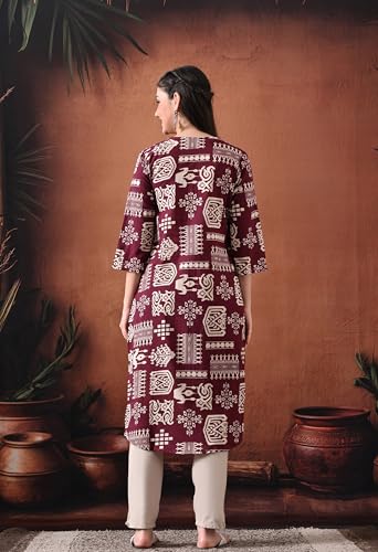 Image of Ichaa Women's Pure Cotton A-Line Ethnic V-Neck Kurta with 3 /4th Sleeve for Daily and Office Wear, in Plus Sizes