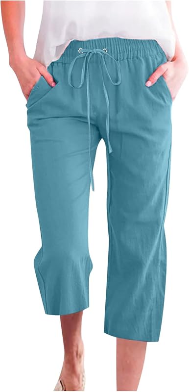 Pantalón pirata LRMQS para mujer Casual Verano 2026 Cordón Capris Pantalón de lino Bolsillos Pantalón recto de playa de pernera ancha