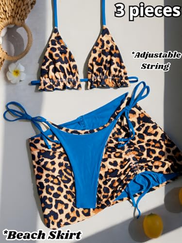 Image of ShawGobow Womens 3 Piece Leopard Bikini Set,Triangle String High Cut Thong Sexy Swimsuit & Coverup Skirt,Pool Party Outfit